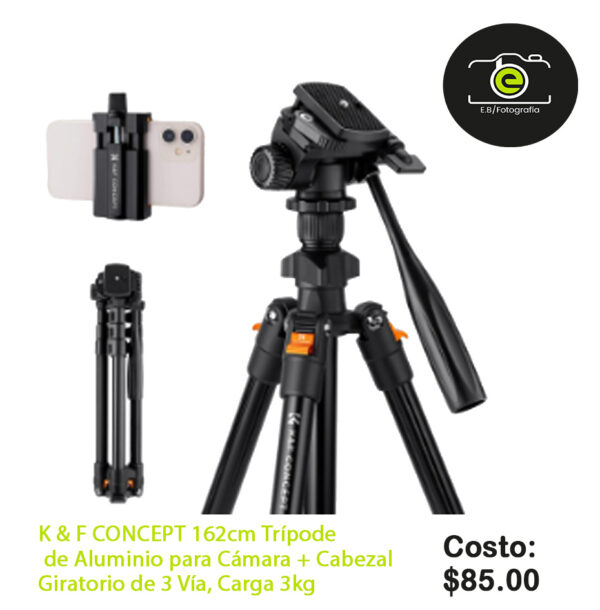 K & F CONCEPT 162cm Trípode de Aluminio para Cámara + Cabezal Giratorio de 3 Vía, Carga 3kg