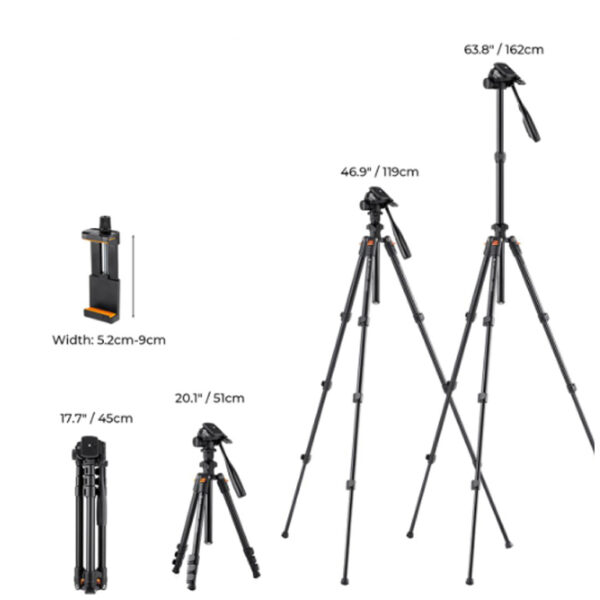 K & F CONCEPT 162cm Trípode de Aluminio para Cámara + Cabezal Giratorio de 3 Vía, Carga 3kg - Imagen 3