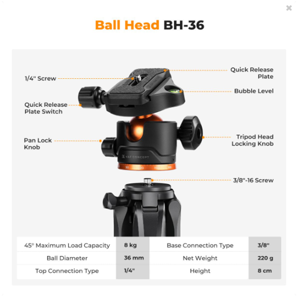 Trípode para cámara de 190 cm (75"), trípode ligero para viajes y exteriores para cámaras DSLR con cabezal de bola de 360 grados, capacidad de carga de 8 kg (17,6 lb), clip para teléfono móvil y control remoto para smartphone S255A3+BH-36 - Imagen 3