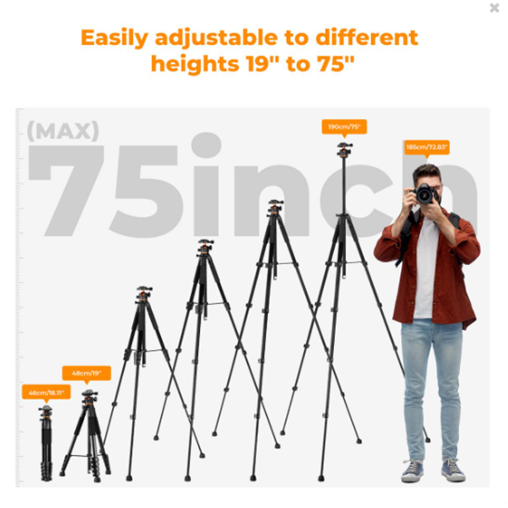 Trípode para cámara de 190 cm (75"), trípode ligero para viajes y exteriores para cámaras DSLR con cabezal de bola de 360 grados, capacidad de carga de 8 kg (17,6 lb), clip para teléfono móvil y control remoto para smartphone S255A3+BH-36 - Imagen 6