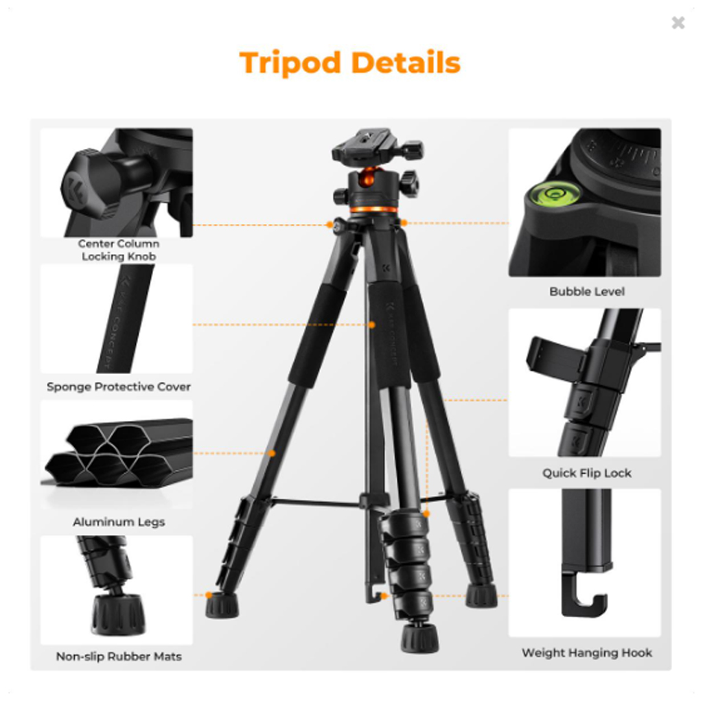 Trípode para cámara de 190 cm (75"), trípode ligero para viajes y exteriores para cámaras DSLR con cabezal de bola de 360 grados, capacidad de carga de 8 kg (17,6 lb), clip para teléfono móvil y control remoto para smartphone S255A3+BH-36 - Imagen 7