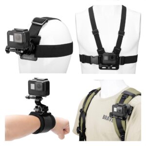 Conjunto de accesorios para GoPro Hero 13/12/11/10/9/8/7/6/5/4/ DJI Osmo Action Series / Pocket 3/2 / Insta360 X4/X3, arnés de pecho + clip para mochila + soporte de cabeza giratorio de 360° y correa para la muñeca