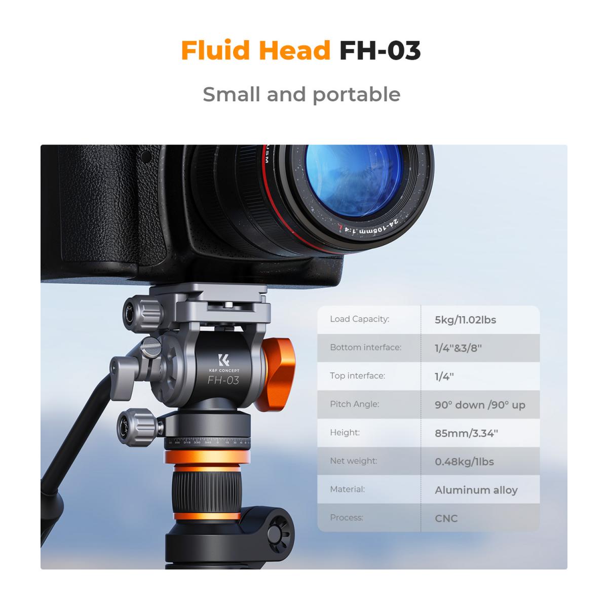 Cabezal fluido para trípode con carga máxima de 5 kg (11 lb), suave como la seda, estable para paneo e inclinación, compatible con Arca Swiss, modelo FH-03. - Imagen 3