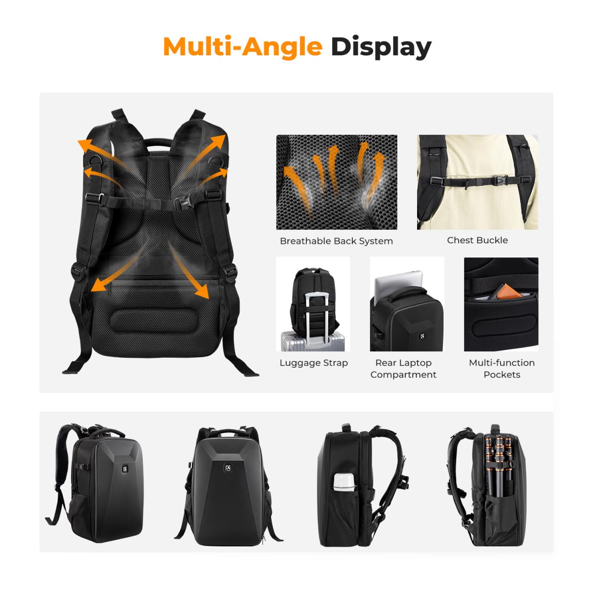 Mochila para cámara K&F Concept, carcasa rígida Nature Wander 10 de 22 L (negra) - Imagen 3