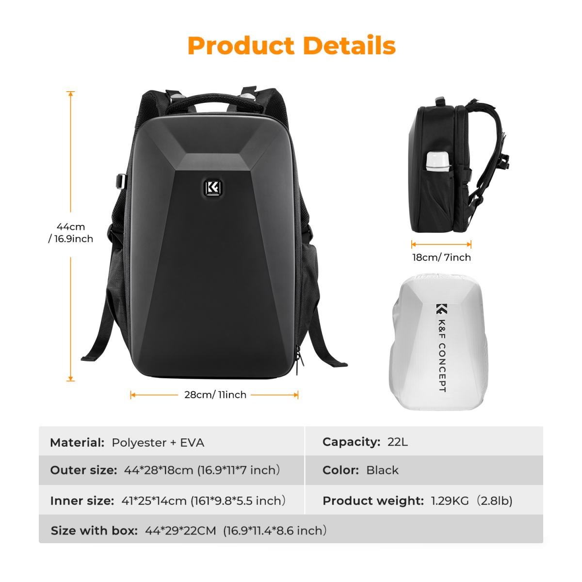 Mochila para cámara K&F Concept, carcasa rígida Nature Wander 10 de 22 L (negra) - Imagen 5