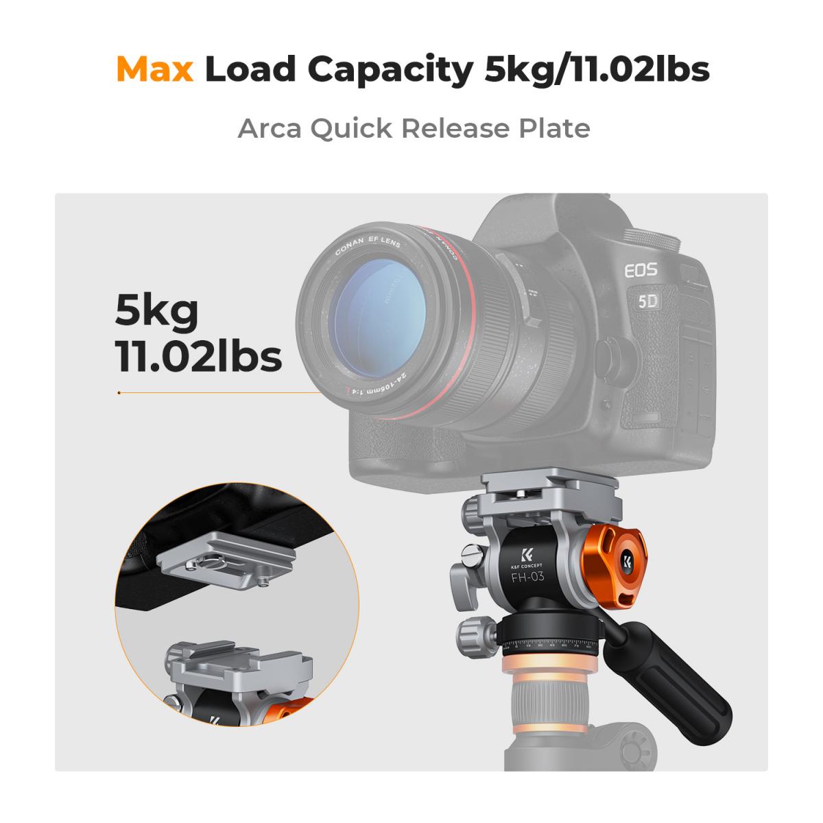 Cabezal fluido para trípode con carga máxima de 5 kg (11 lb), suave como la seda, estable para paneo e inclinación, compatible con Arca Swiss, modelo FH-03. - Imagen 6