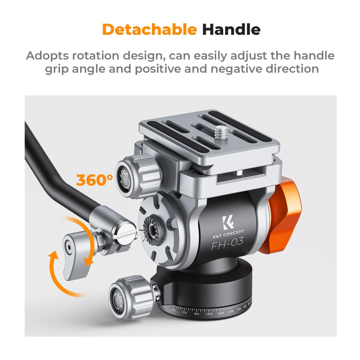 Cabezal fluido para trípode con carga máxima de 5 kg (11 lb), suave como la seda, estable para paneo e inclinación, compatible con Arca Swiss, modelo FH-03. - Imagen 8