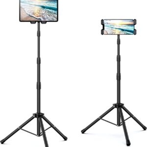 Trípode para tableta ajustable en altura, soporte de montaje giratorio 360 grados y soporte de suelo para dispositivos de 5-12,9 pulgadas